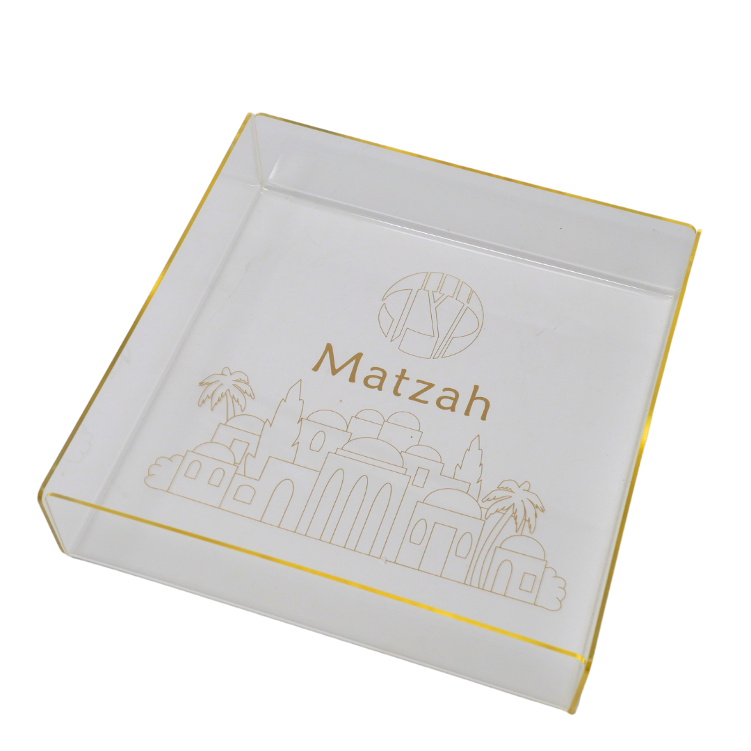 Clear Matzah Tray Jerusalem Design with Gold Trim