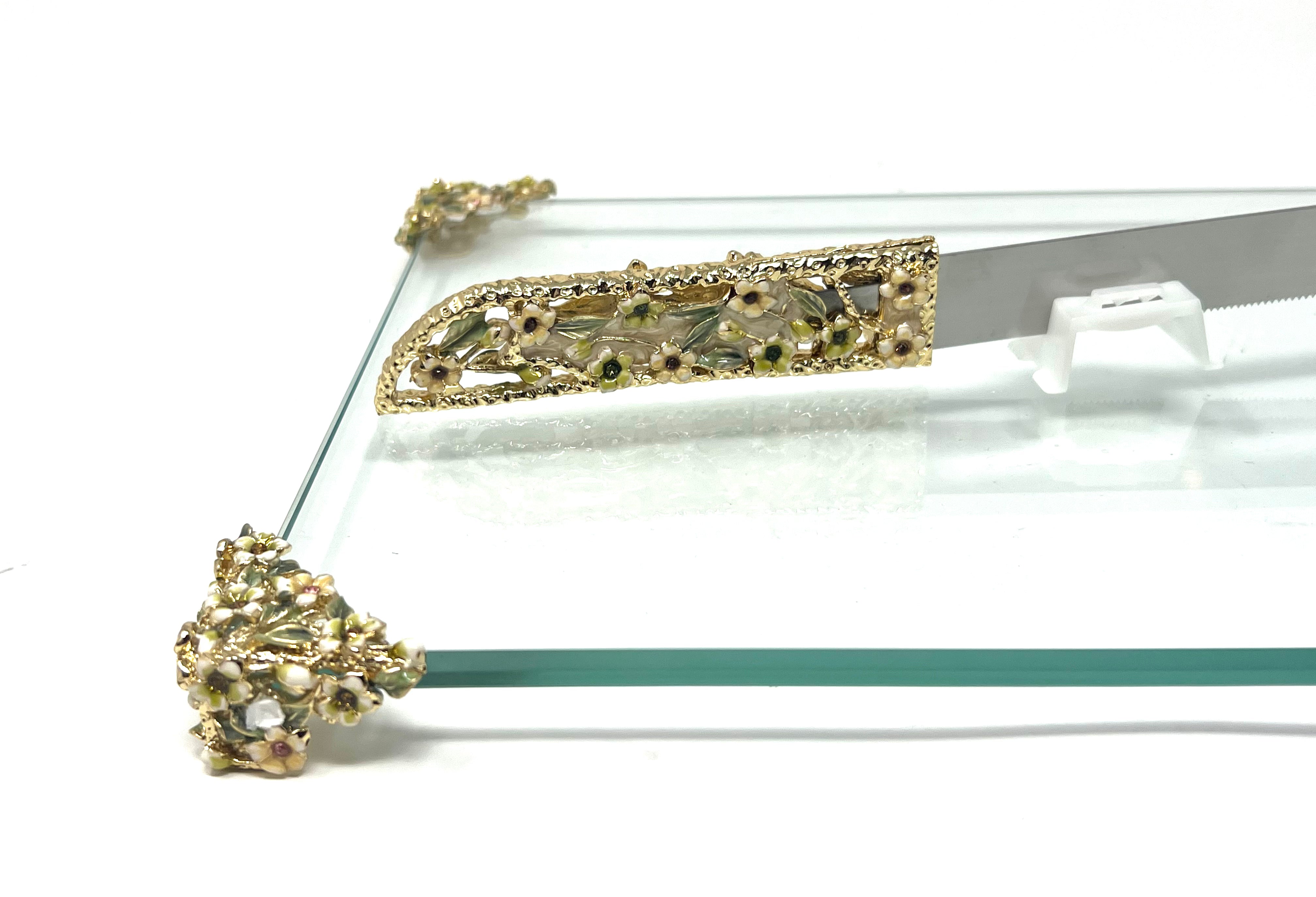 Golden floral Glass challah board with knife set
