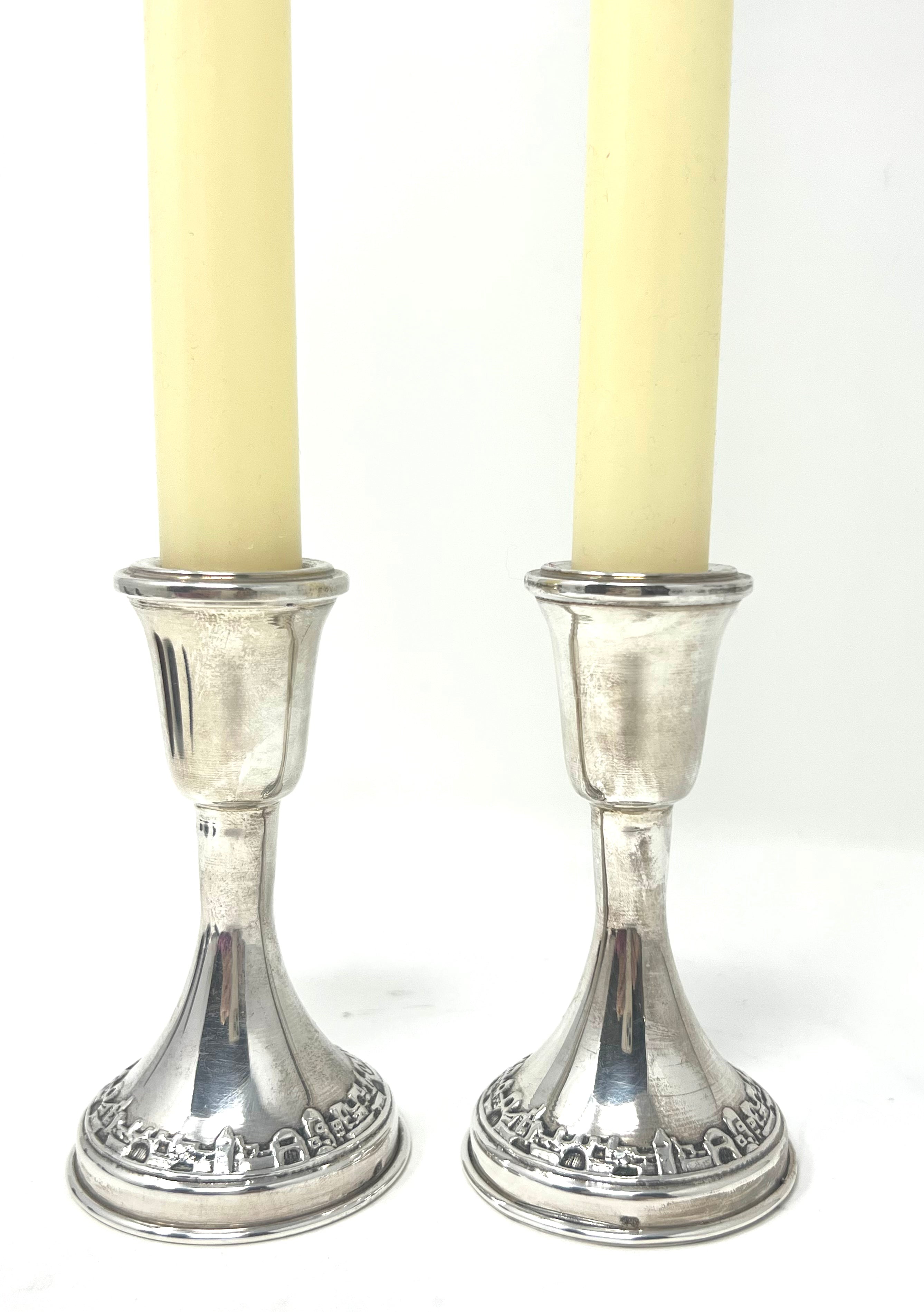 Small Silver Candlesticks with Jerusalem scene