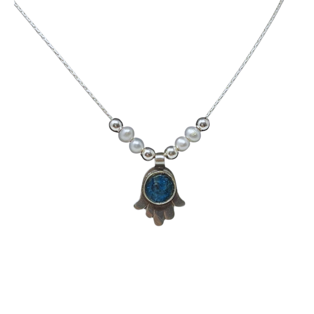 Hamsa Necklace with Roman Glass and Pearls
