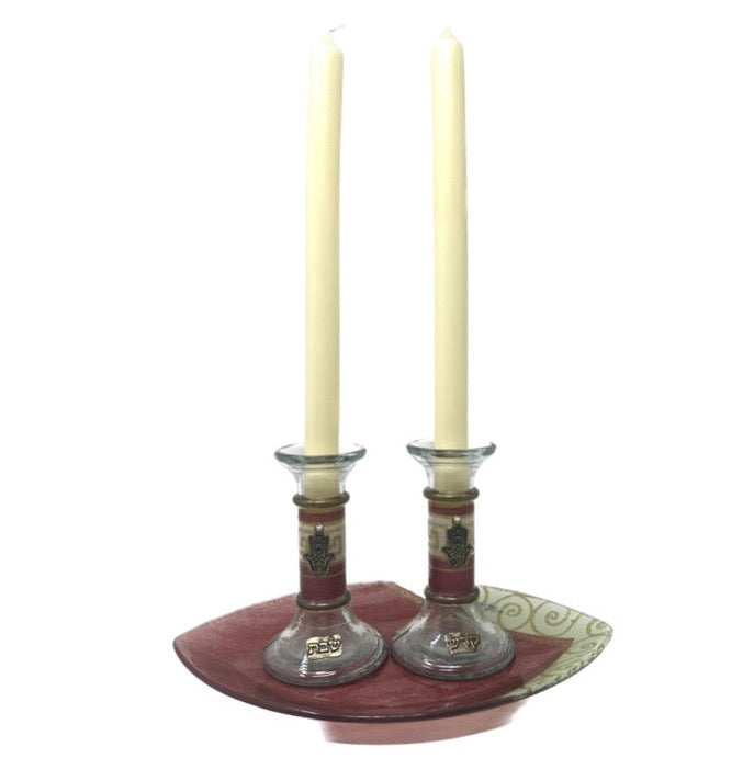 Burgundy Glass Candlesticks with plate