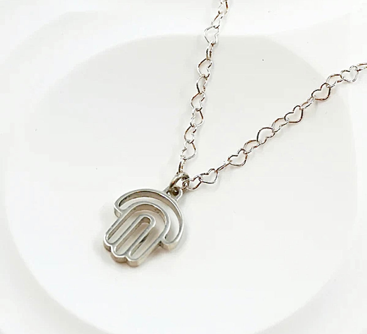 Silver Hamsa Pendant with Heart Shaped Chain