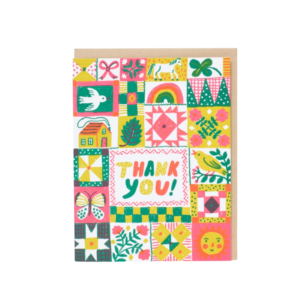 Folk Quilt Thanks Letterpress Greeting Card